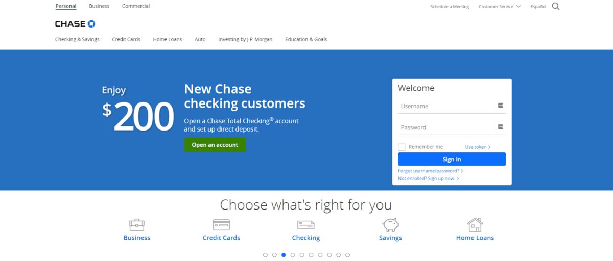 Página de inicio del banco Chase