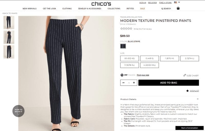 Capture d'écran de la description du produit de Chico et image d'un pantalon à fines rayures