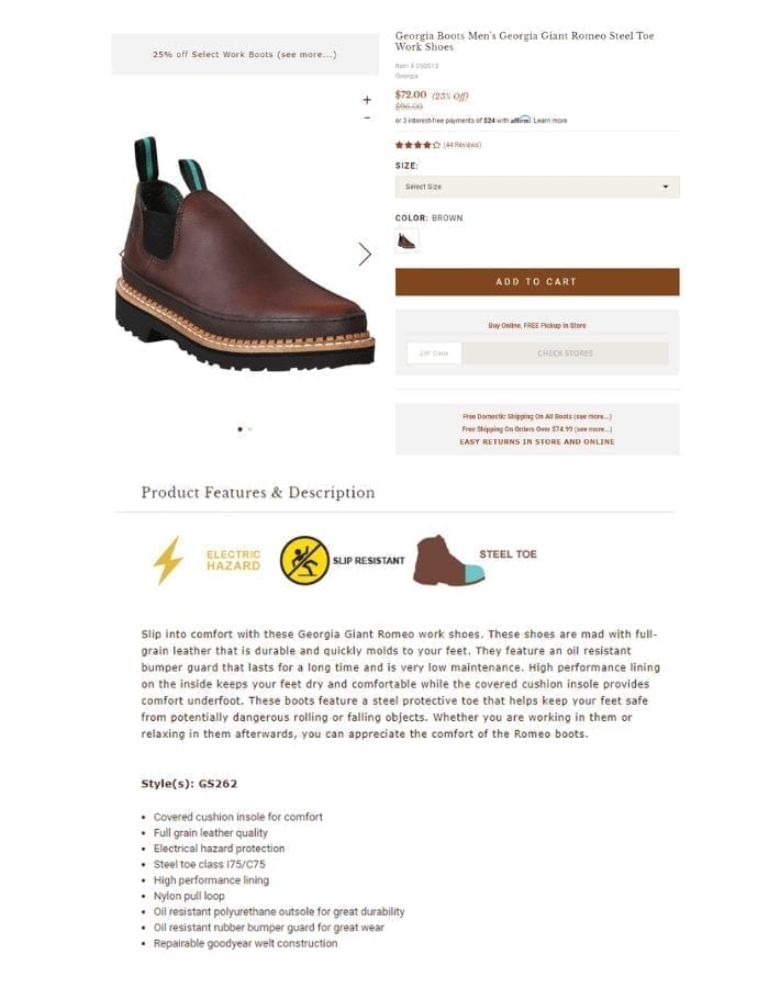 Captura de pantalla de la descripción del producto de Boot Barn de los zapatos de trabajo para hombres Georgia Boots