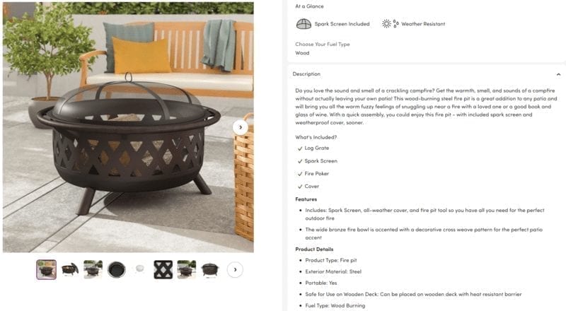 Screenshot of Wayfair's product description of a fire pit.