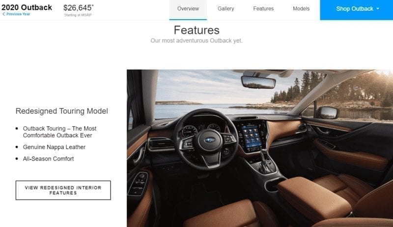 Captura de pantalla de la descripción del producto de Subaru para el vehículo Outback.