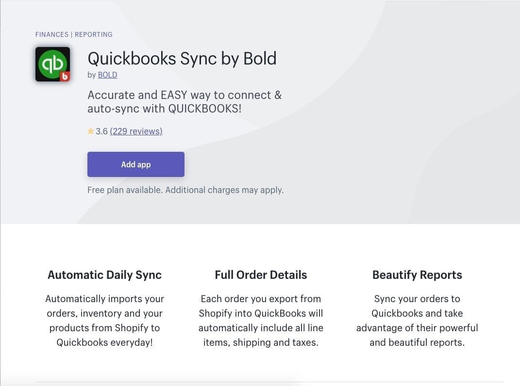 Application Quickbooks Sync par Bold Shopify