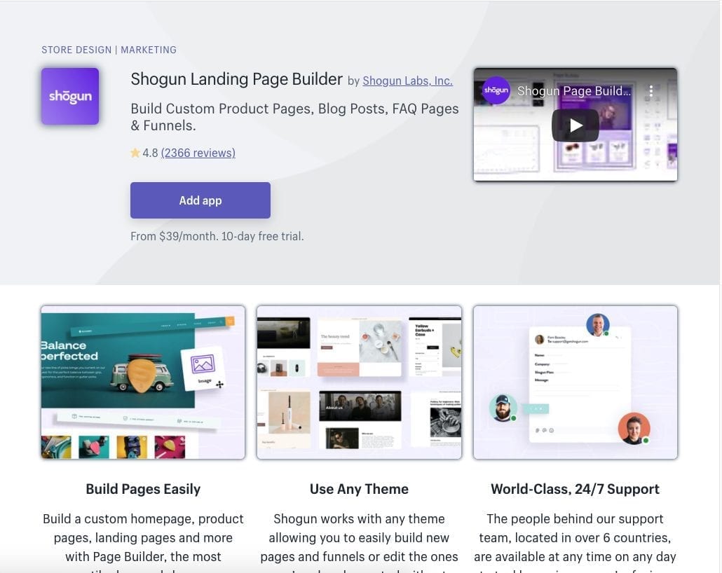 Aplicación Shogun Landing Page Builder Shopify