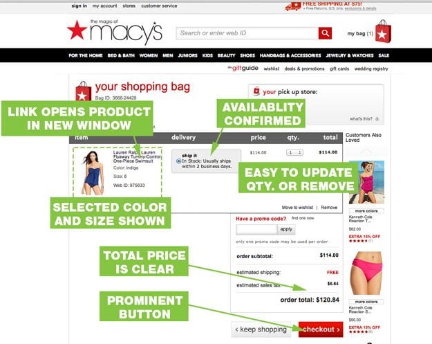 La page de panier de Macy atteint de nombreuses meilleures pratiques.