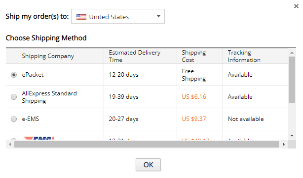 Aliexpress shipping options and costs