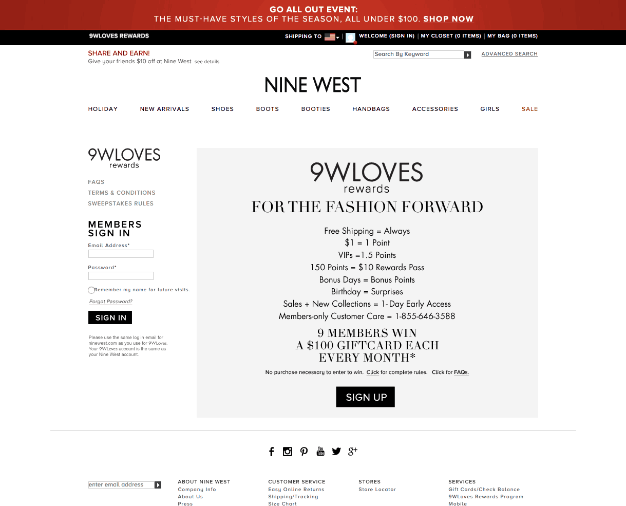 9WLOVES est un programme de récompenses basé sur les points de Nine West