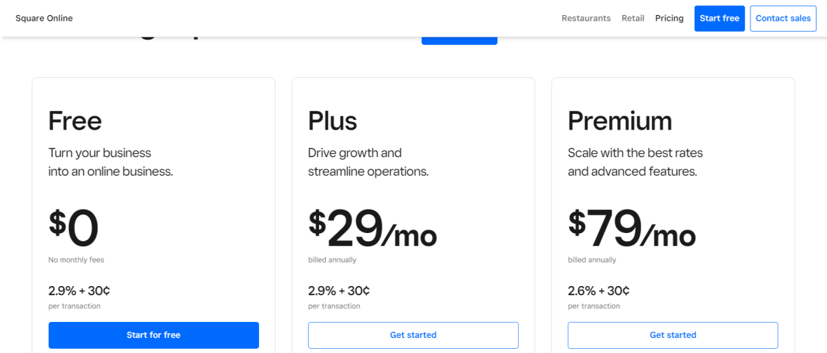 Planes de precios de la Tienda en línea Square