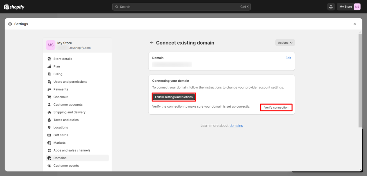 Shopify Connect Existing Domain Verify Connection