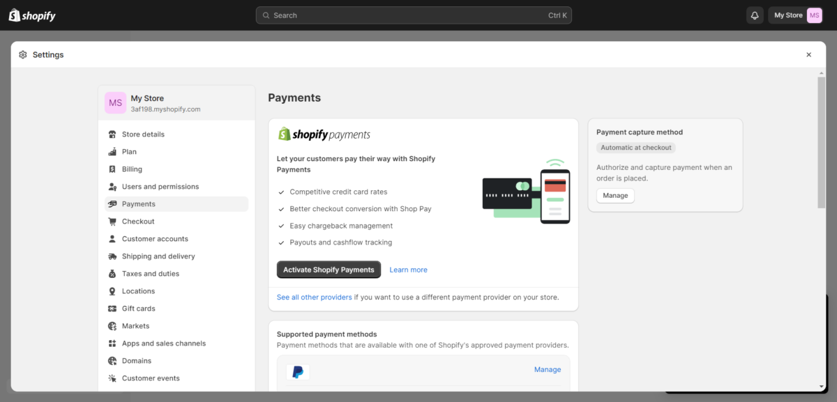 Configurar pagos de Shopify