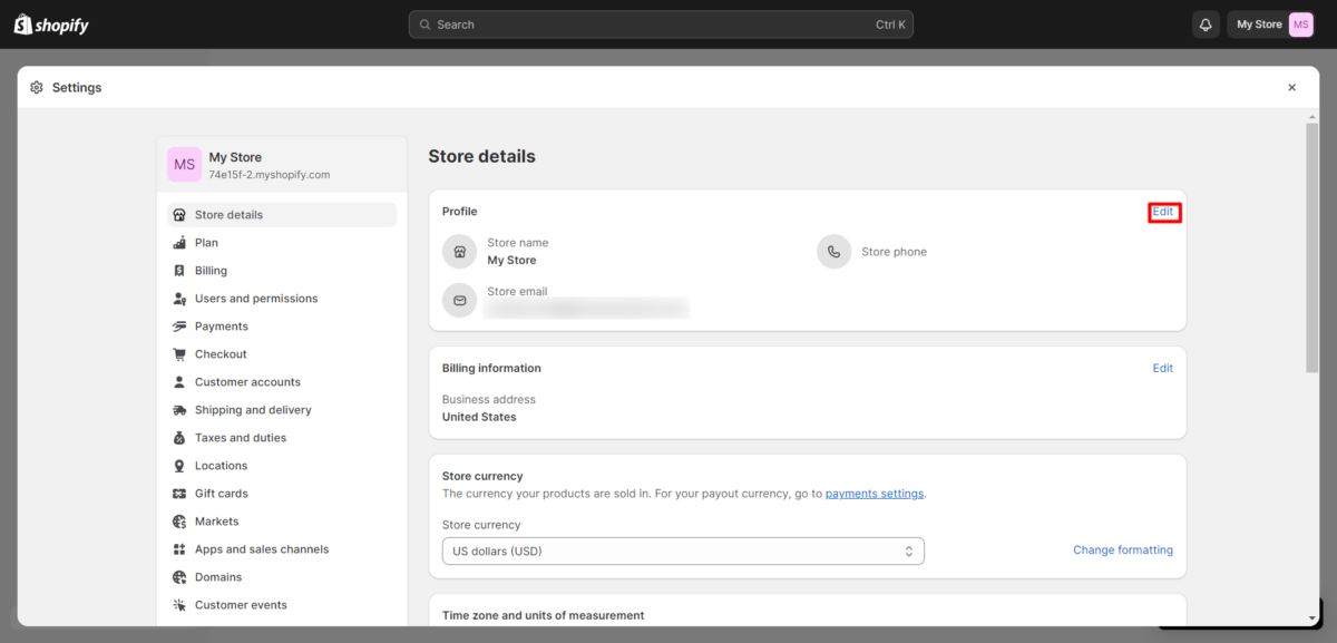 Shopify Dashboard Edit Profile