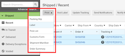 ShipStation Print Labels Shipments Tab