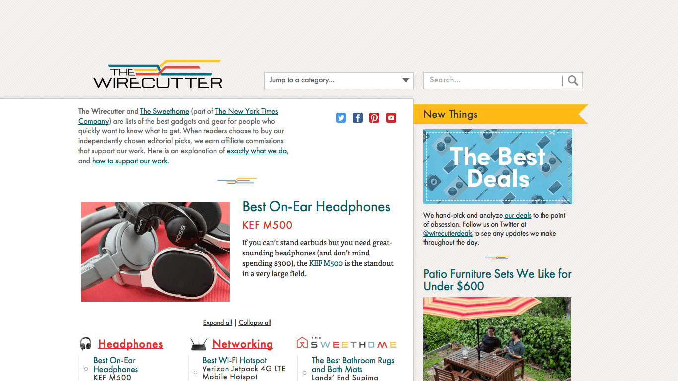 La page d'accueil de type blog de Wirecutter