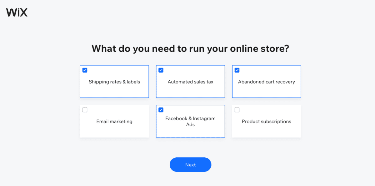 necesidades de configuración de la tienda de comercio electrónico wix