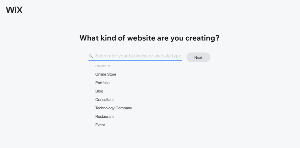 Wix - seleccionando el tipo de sitio web